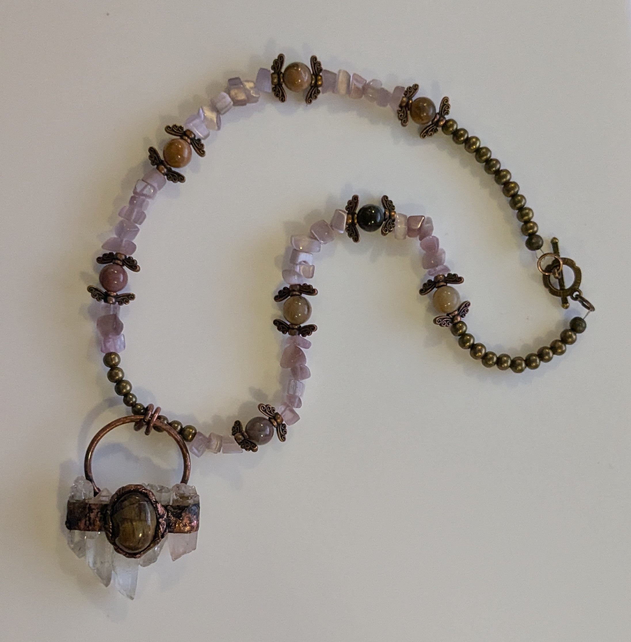 Autumnal Beaded Necklace with Petrified Wood Beads and Amethyst Chips with Rustic Electroplated Natural Quartz Pendant