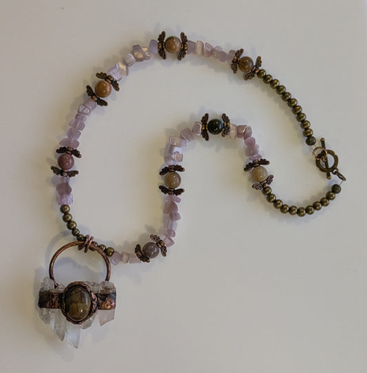 Autumnal Beaded Necklace with Petrified Wood Beads and Amethyst Chips with Rustic Electroplated Natural Quartz Pendant