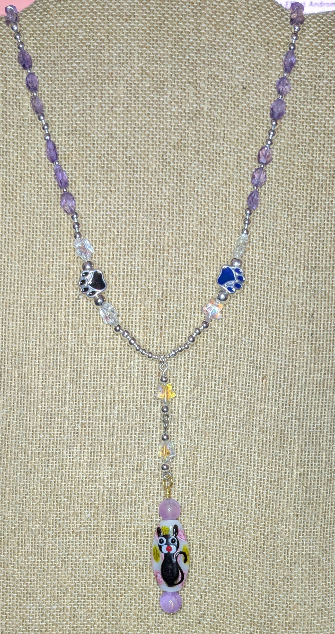 Hand painted Glass Cat Pendant on a Beaded Necklace