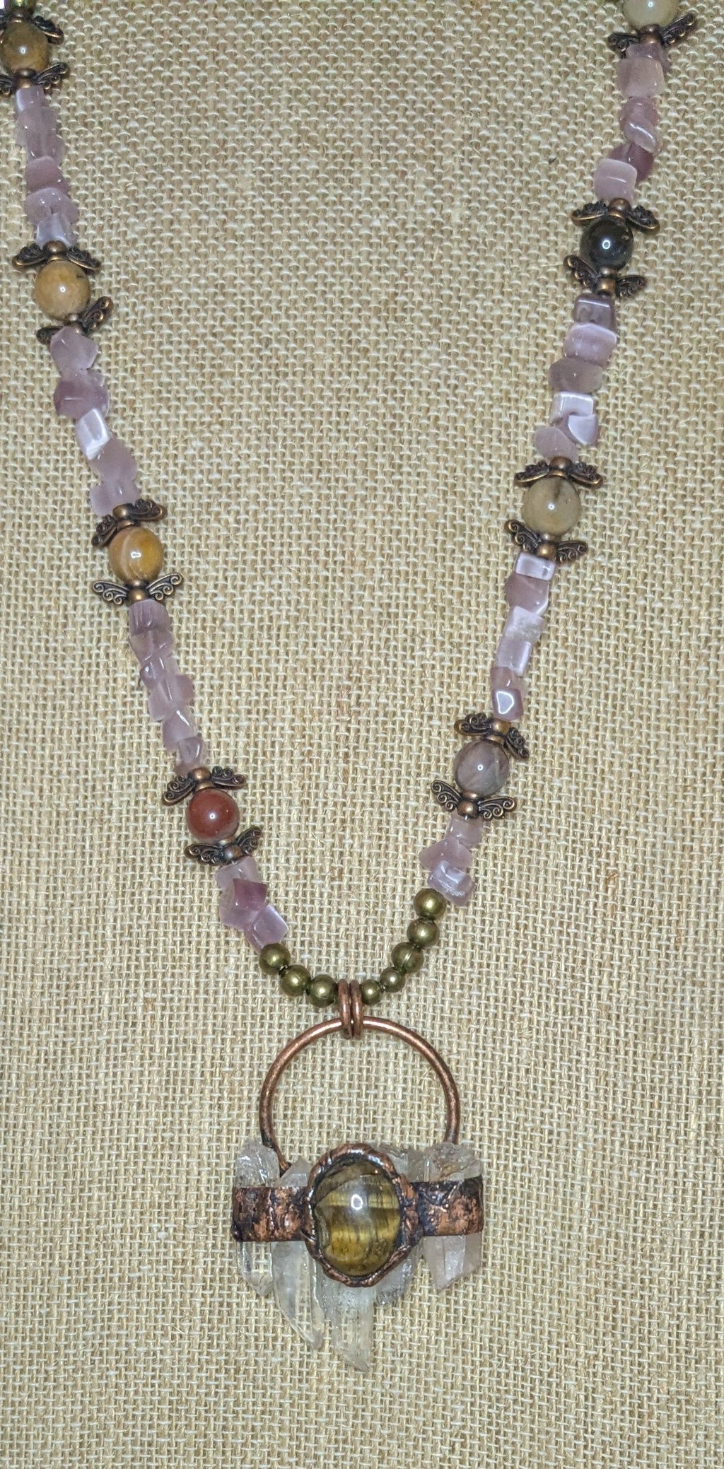 Autumnal Beaded Necklace with Petrified Wood Beads and Amethyst Chips with Rustic Electroplated Natural Quartz Pendant