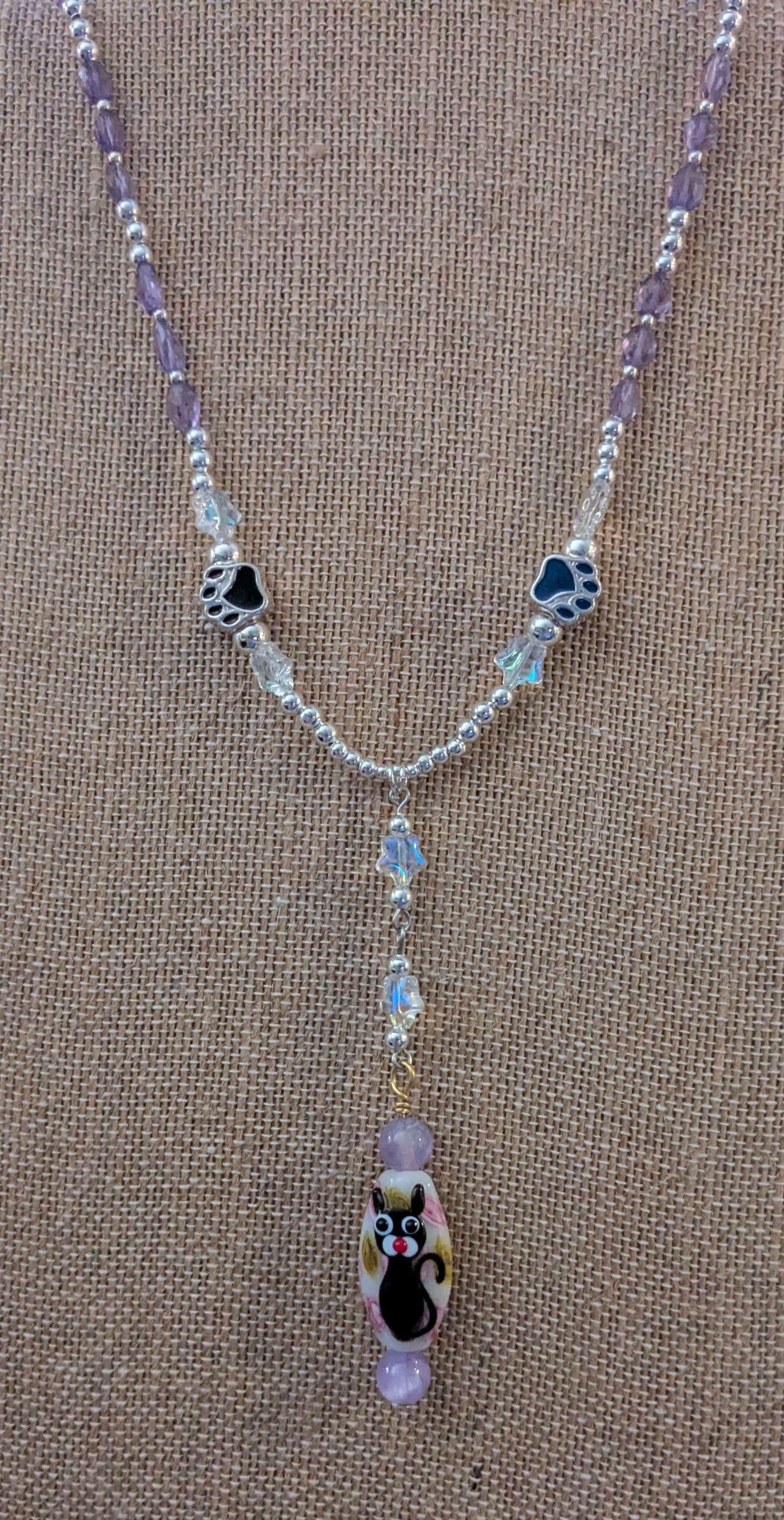 Hand painted Glass Cat Pendant on a Beaded Necklace