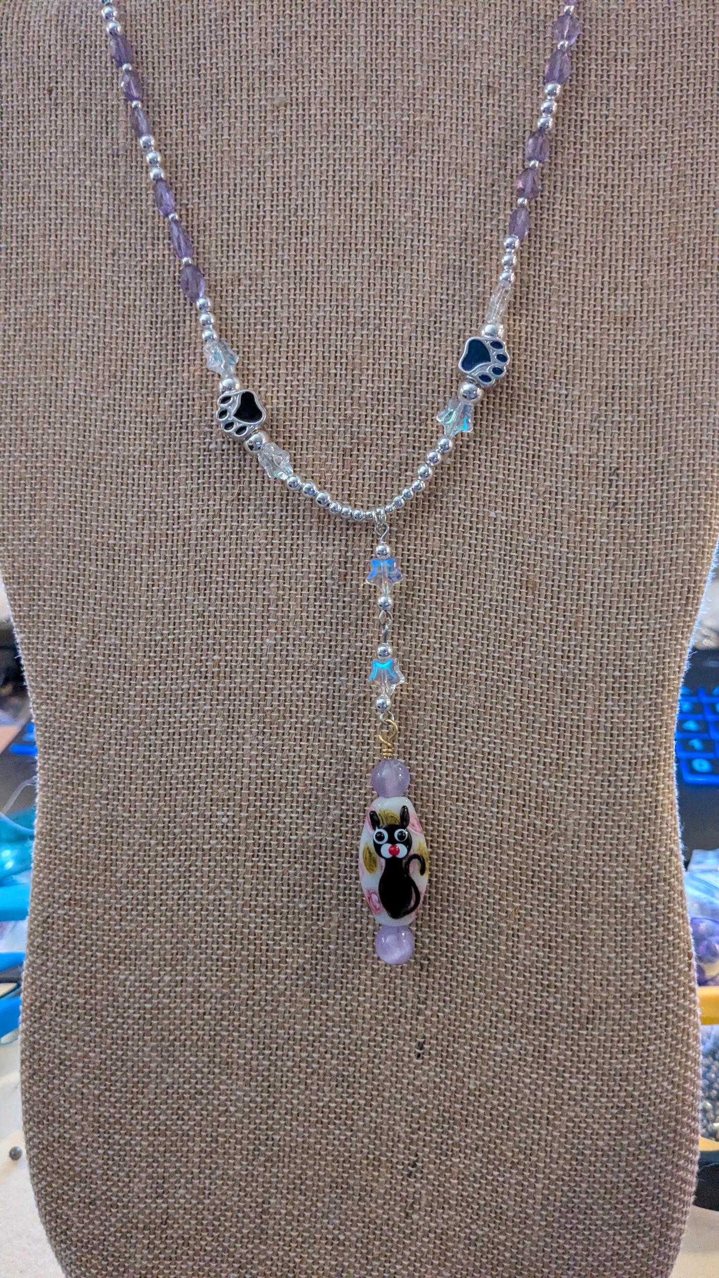 Hand painted Glass Cat Pendant on a Beaded Necklace