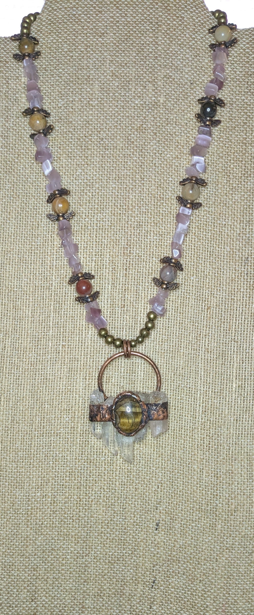 Autumnal Beaded Necklace with Petrified Wood Beads and Amethyst Chips with Rustic Electroplated Natural Quartz Pendant
