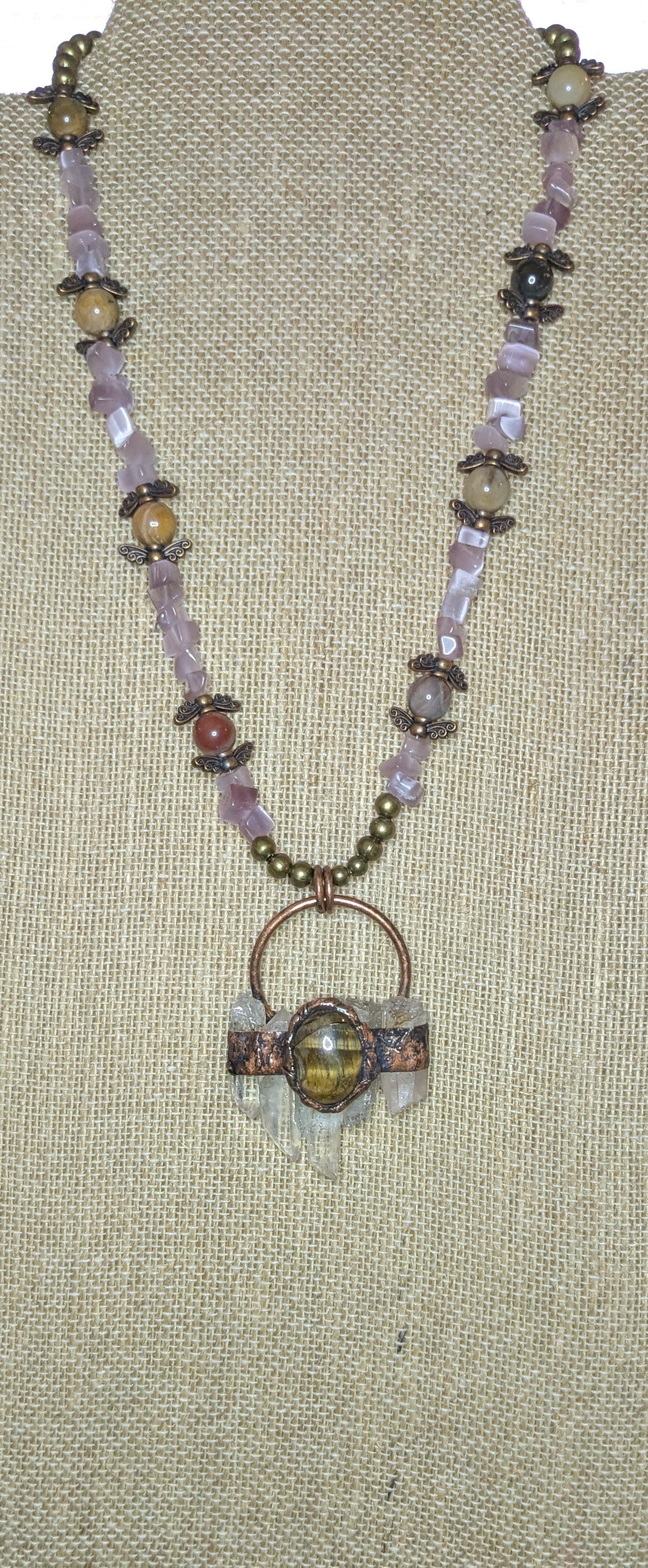 Autumnal Beaded Necklace with Petrified Wood Beads and Amethyst Chips with Rustic Electroplated Natural Quartz Pendant