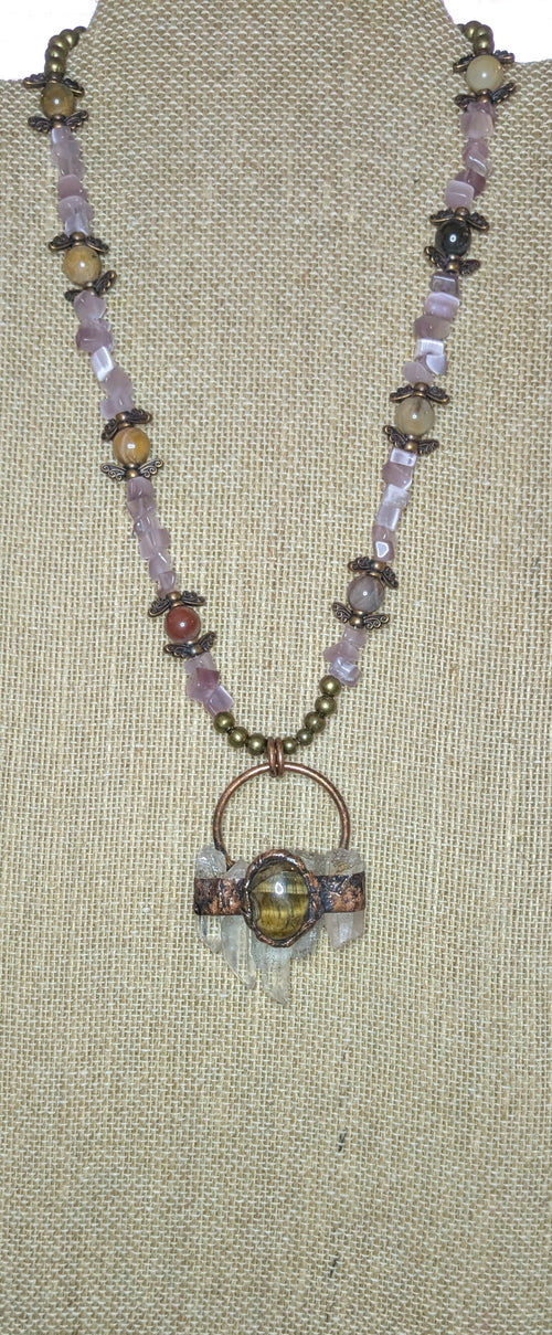 Autumnal Beaded Necklace with Petrified Wood Beads and Amethyst Chips with Rustic Electroplated Natural Quartz Pendant