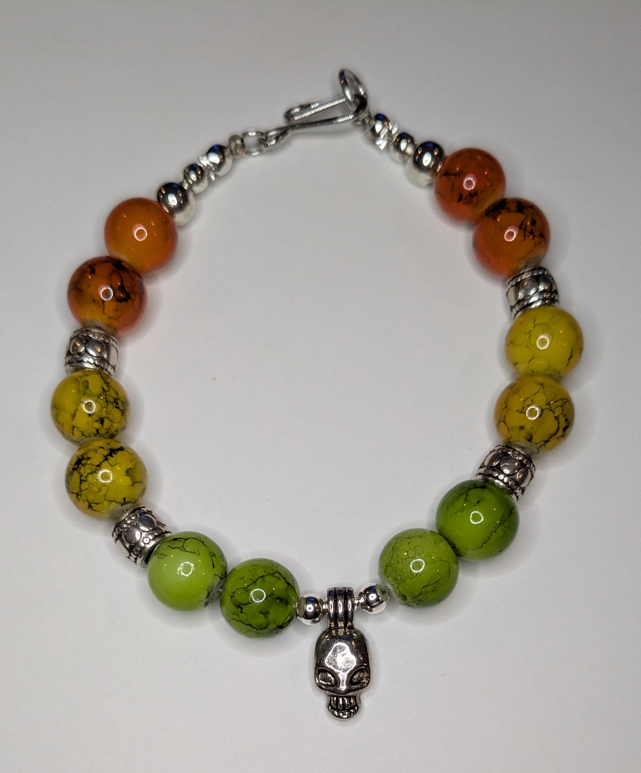 Colorful Beaded Bracelet With Silver Toned Skull Focal