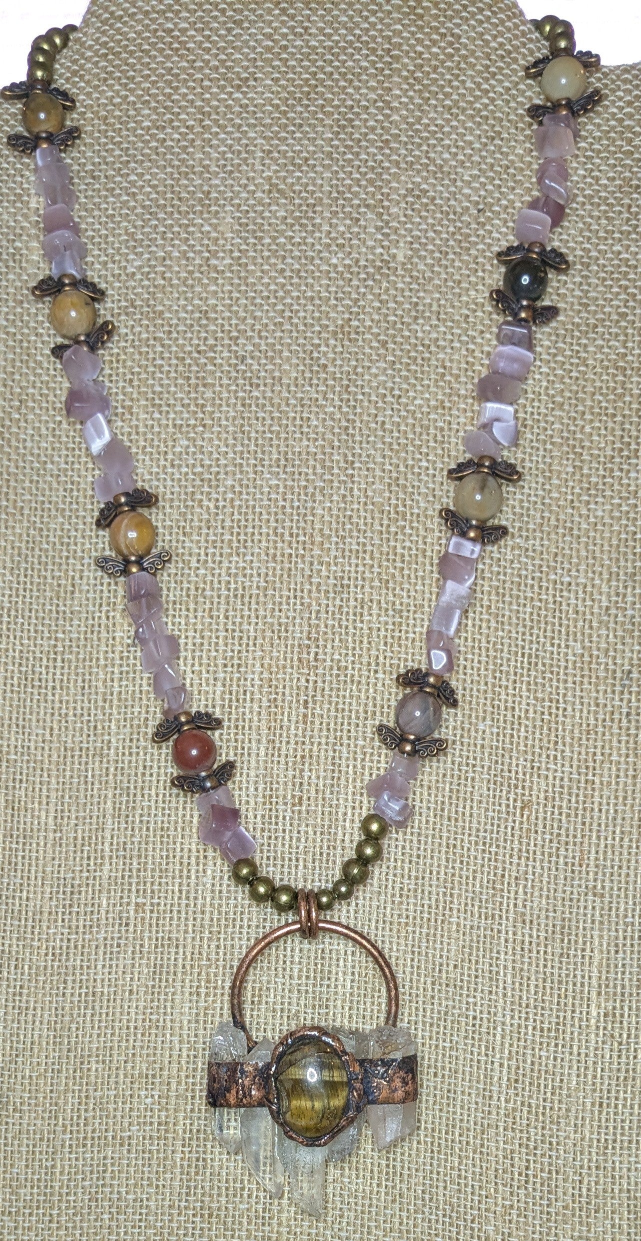 Autumnal Beaded Necklace with Petrified Wood Beads and Amethyst Chips with Rustic Electroplated Natural Quartz Pendant