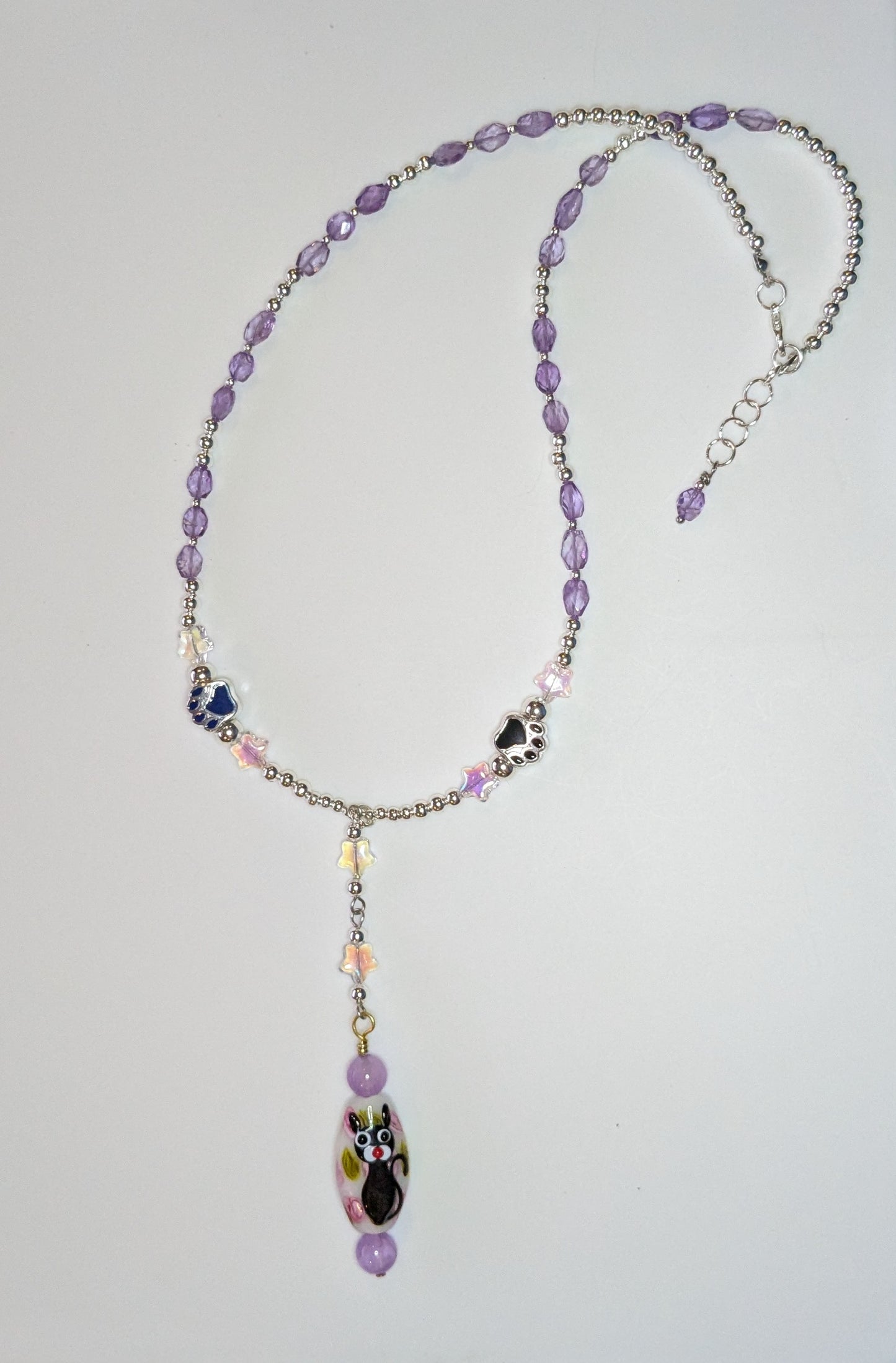 Hand painted Glass Cat Pendant on a Beaded Necklace