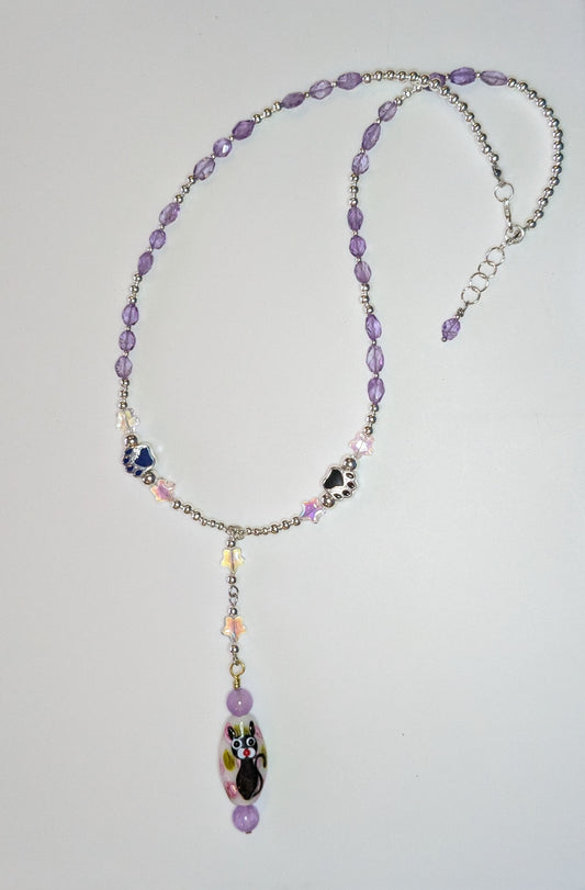 Hand painted Glass Cat Pendant on a Beaded Necklace