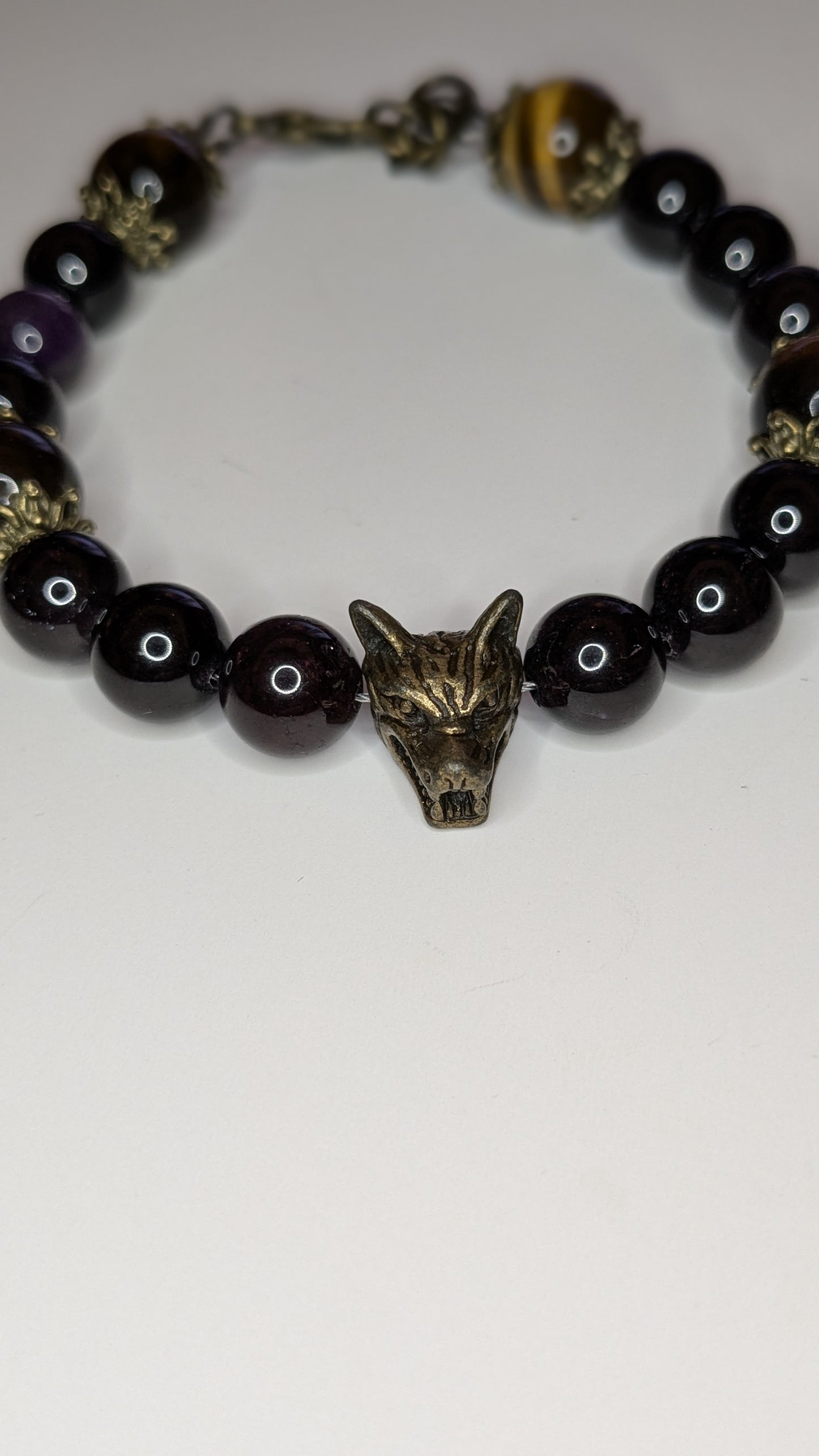 Tiger Eye and Garnet Beaded Bracelet with Wolf Head Focal