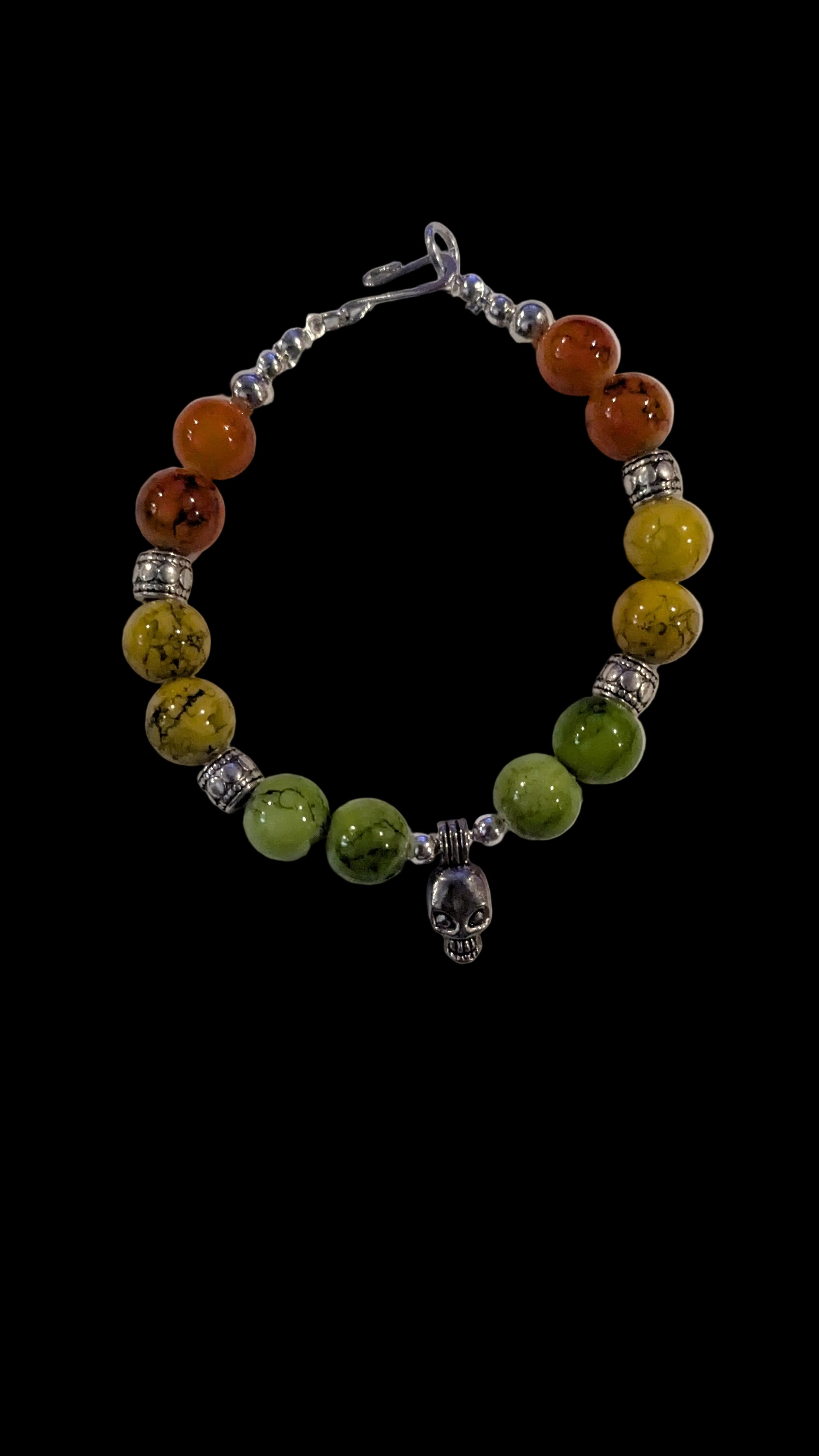 Colorful Beaded Bracelet With Silver Toned Skull Focal