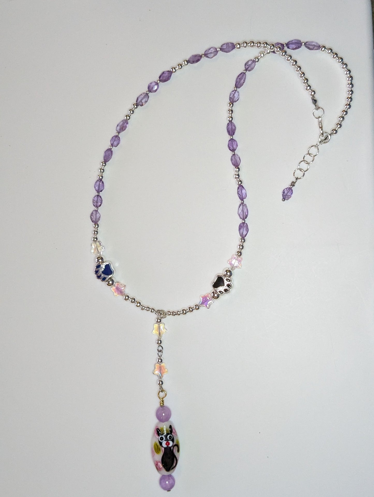 Hand painted Glass Cat Pendant on a Beaded Necklace