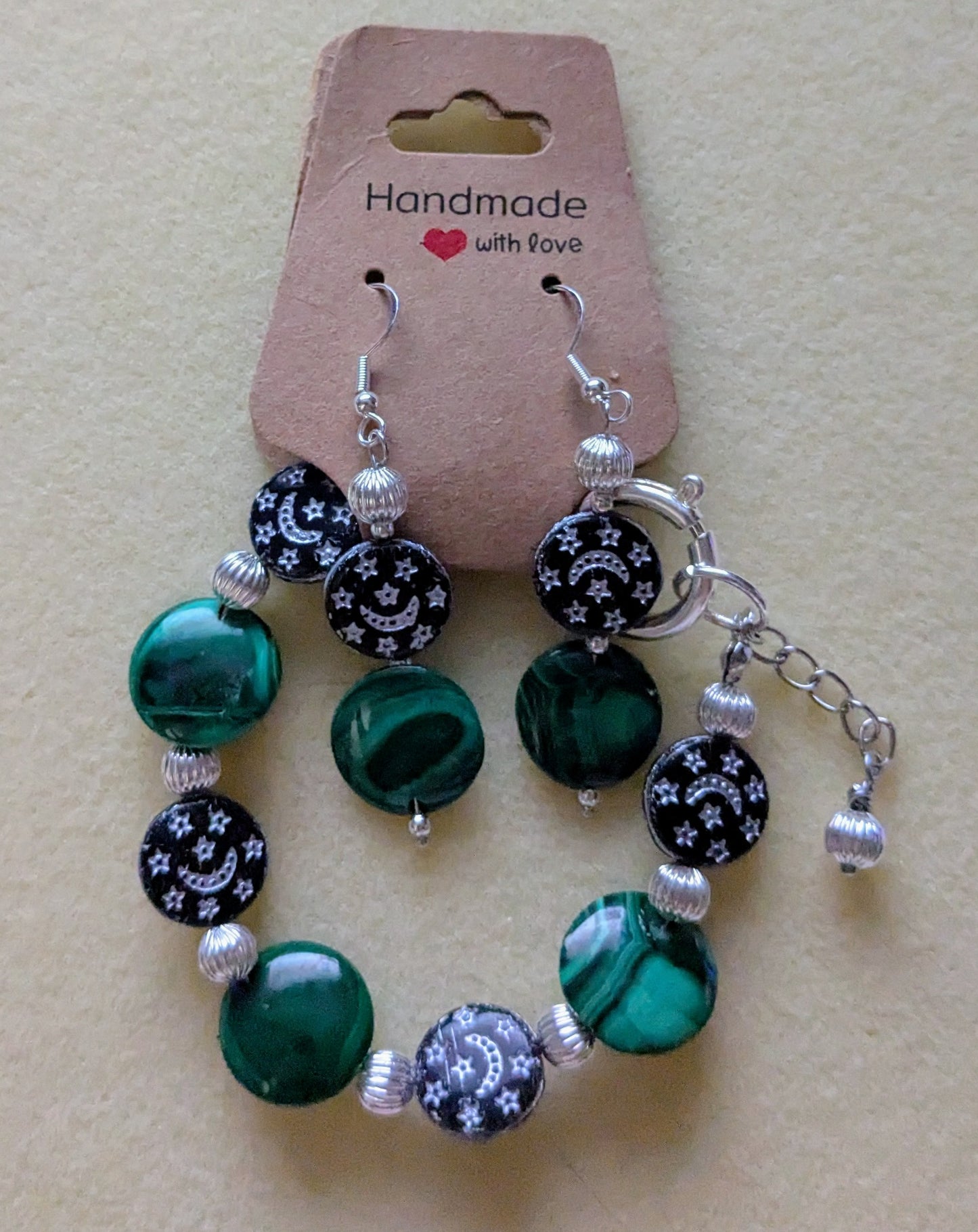 Malachite and Czech Glass Coin Beaded Jewelry Set